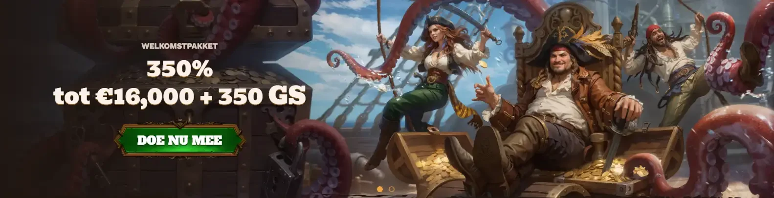 Fat Pirate Casino mascotte met schatkist en zeilschip op stormachtige zee